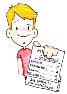 student showing his grades